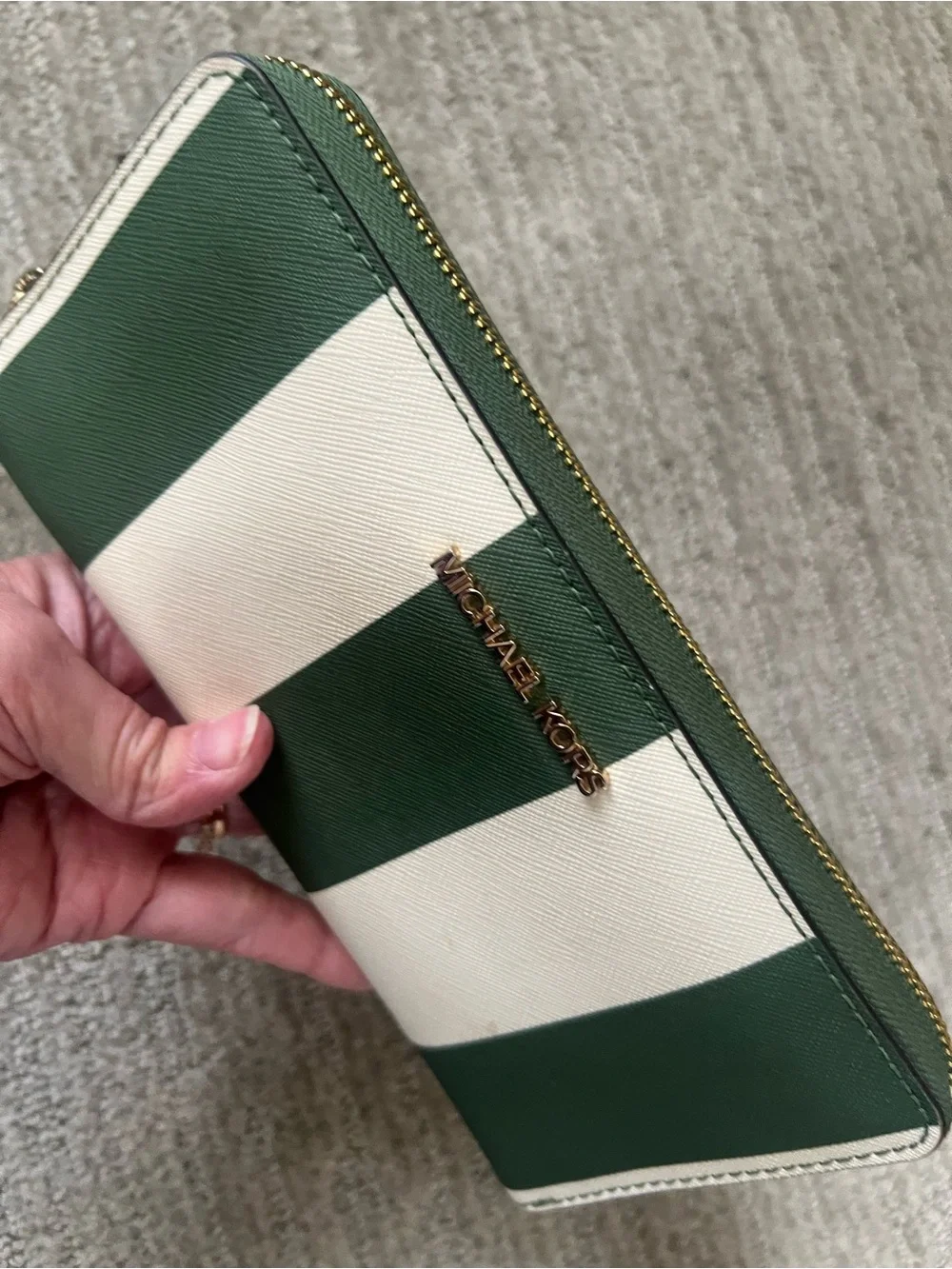 Michael Kors Green and White Striped Wristlet Wallet with Gold Logo